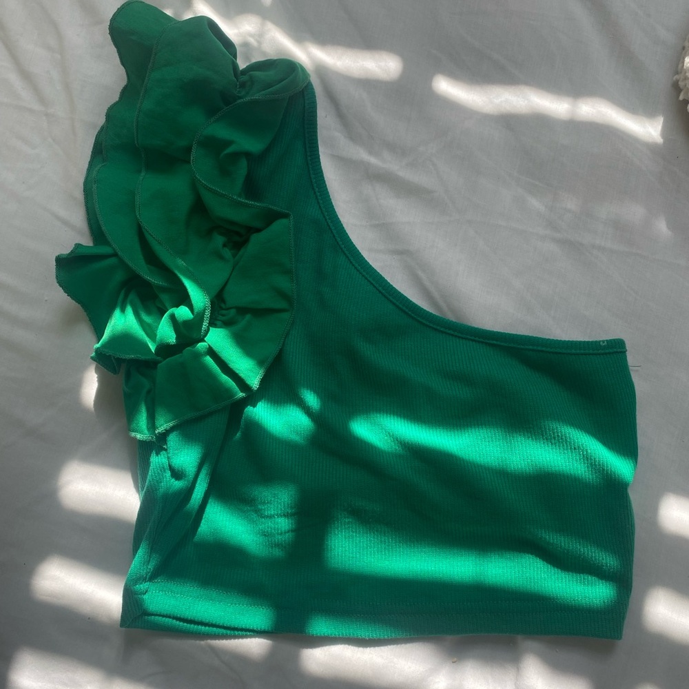 Green One-Shoulder Ruffle Top